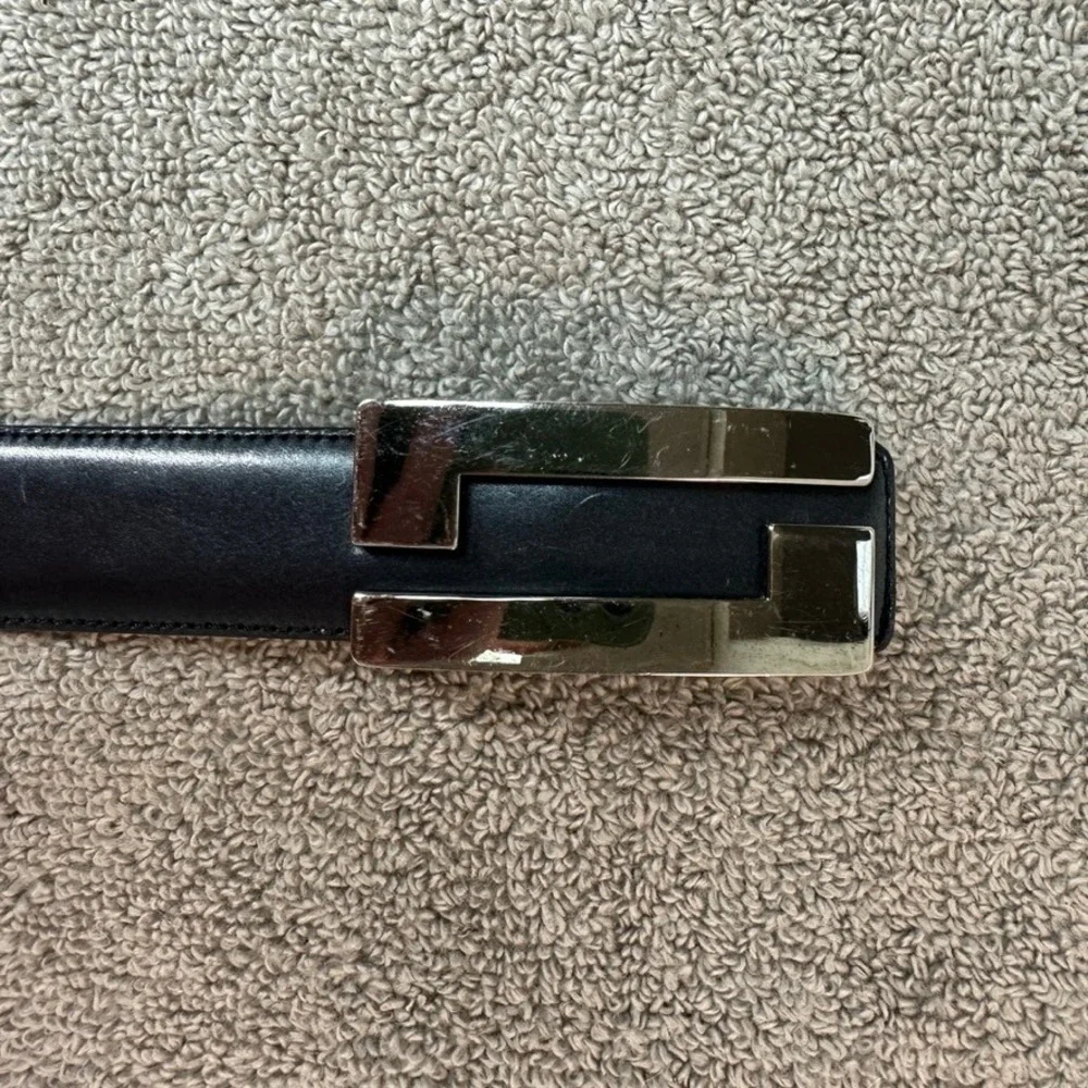 Mezlan Mens Black Leather Belt Silver Geometric Buckle Made in Spain Size 30